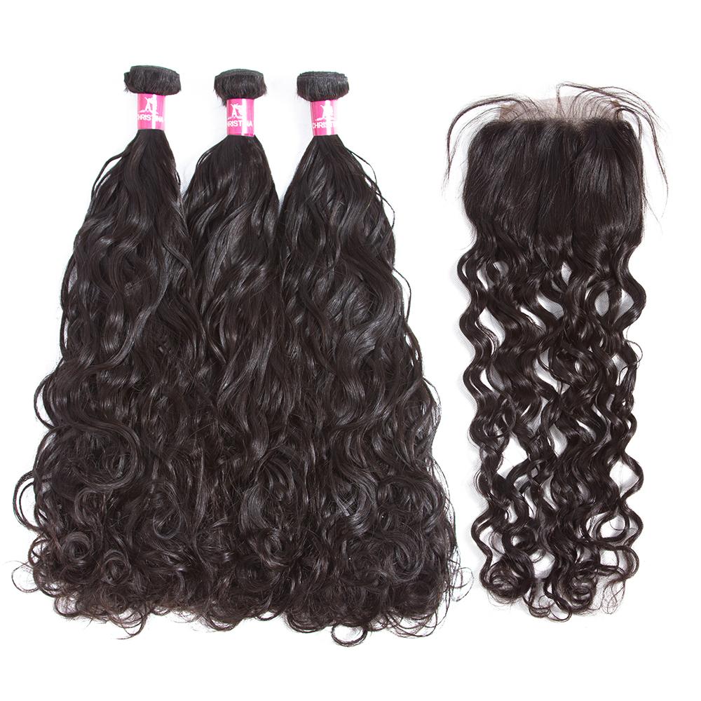 Brazilian Water Wave 3 Bundles With 4*4 Lace Closure 10A Grade 100% Remi Human Hair Hot Sell Wave Bundles Hair Extensions - Amanda Hair