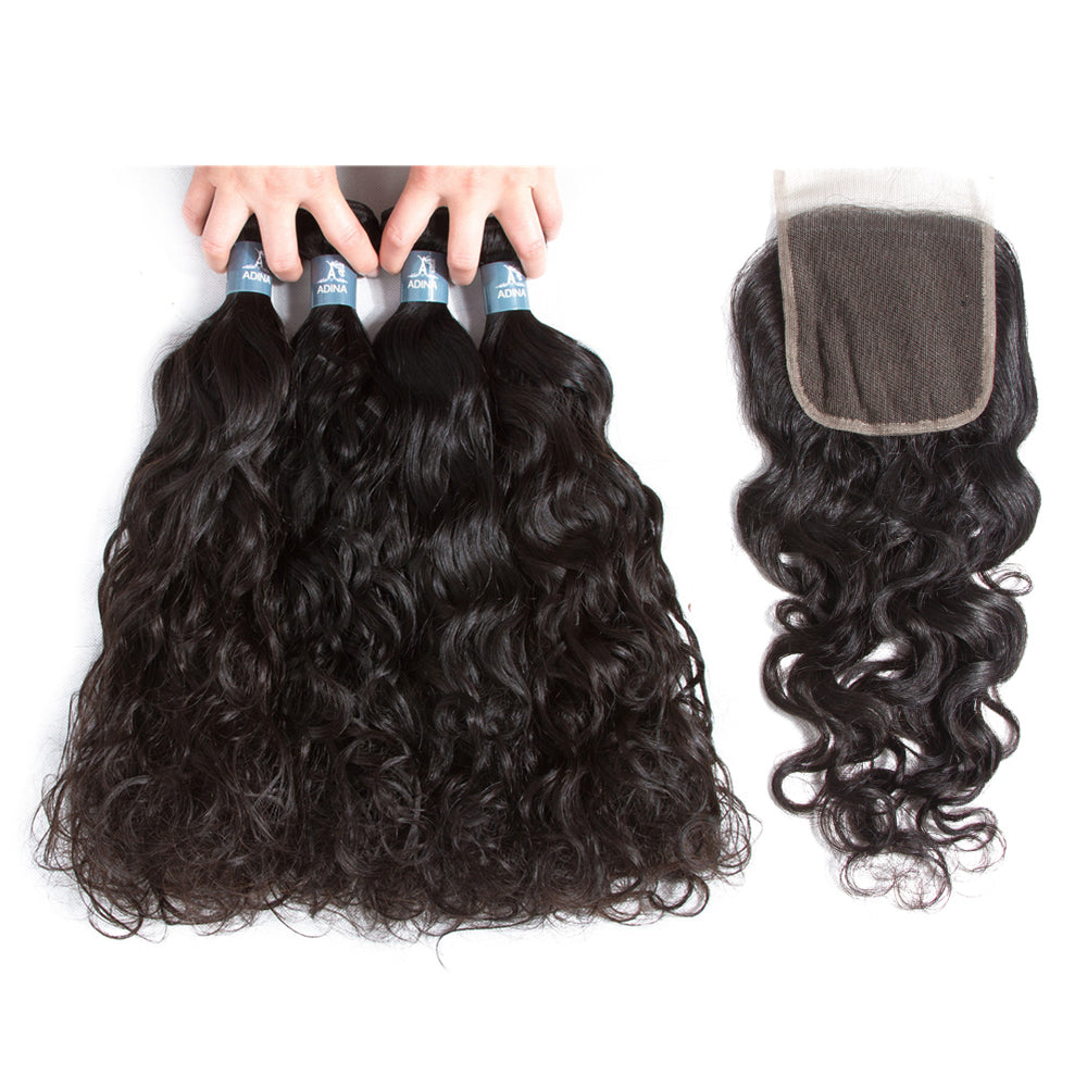 Amanda Peruvian Hair Water Wave 4 Bundles With 4*4 Lace Closure  9A Grade 100% Unprocessed Human Hair