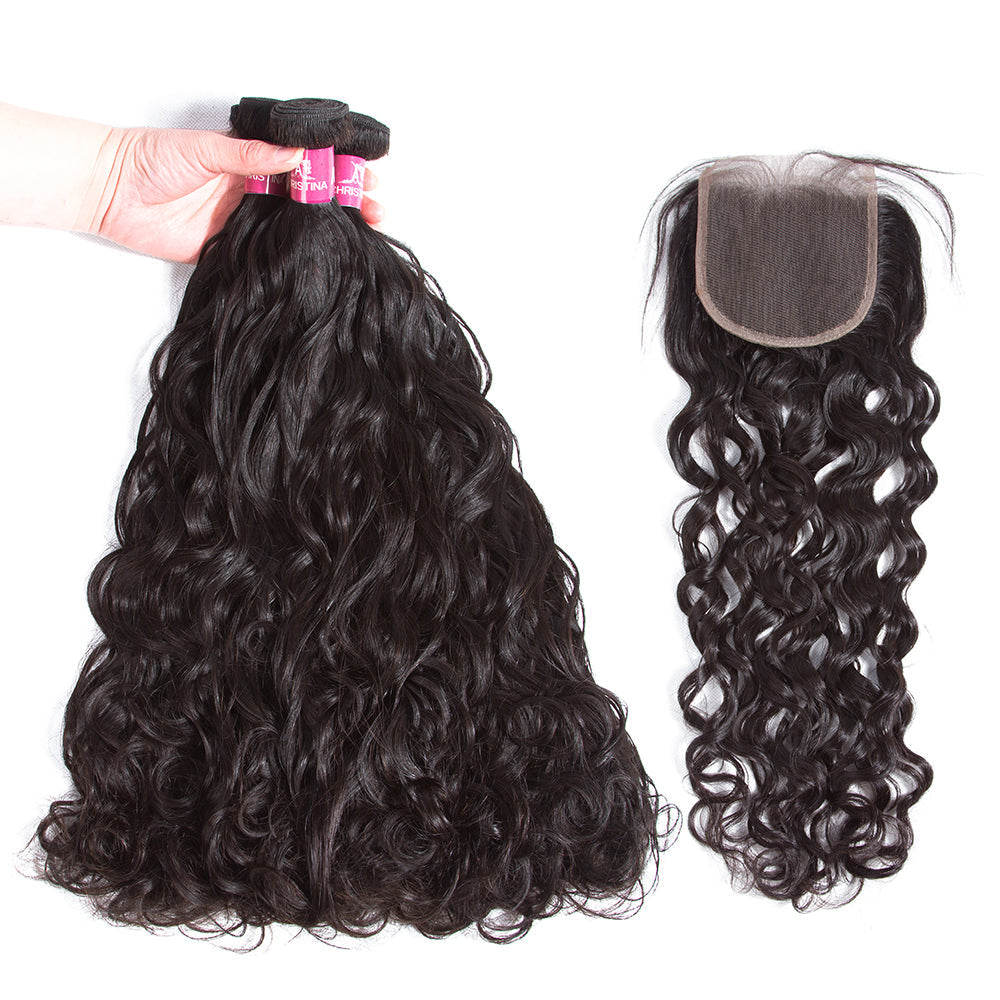 Amanda Peruvian Hair Water Wave 4 Bundles With 4*4 Lace Closure 10A Grade 100% Remi Human Hair