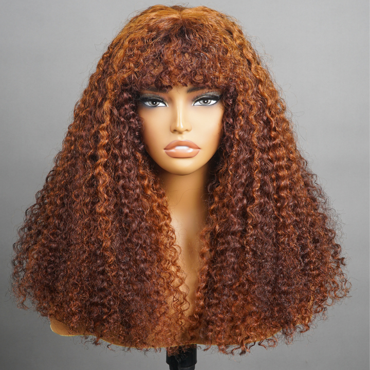 Brownish Ginger Highlight,  Shoulder Length，Tight Curls with Bangs , Glueless Lace Colored Wig Human Hair Breathable, Easy Installation, Comfortable for Women -Amanda Hair