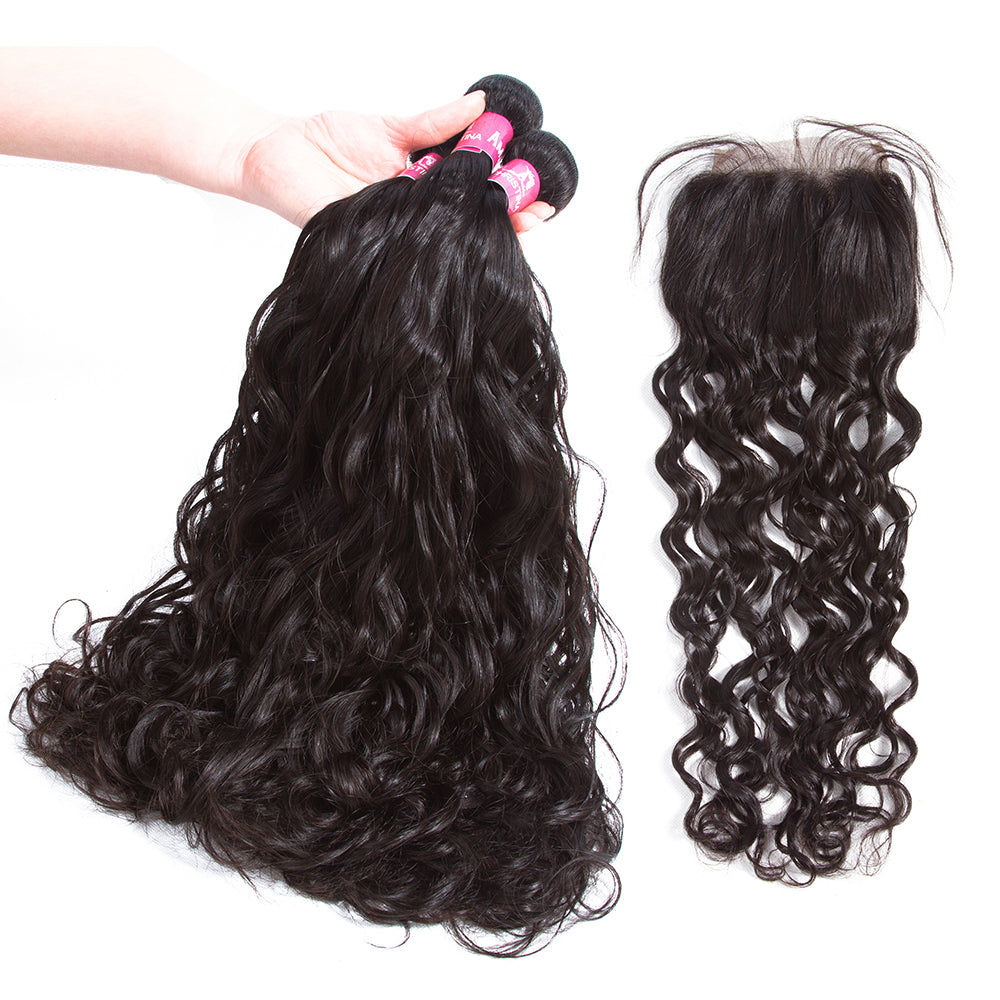 Amanda Indian Hair Water Wave 4 Bundles With 4*4 Lace Closure 10A Grade 100% Remi Human Hair