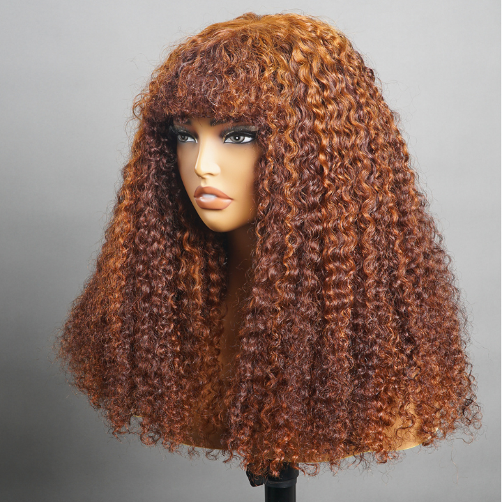 Brownish Ginger Highlight,  Shoulder Length，Tight Curls with Bangs , Glueless Lace Colored Wig Human Hair Breathable, Easy Installation, Comfortable for Women -Amanda Hair