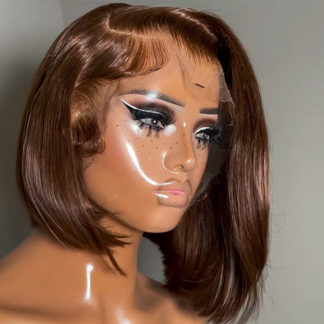 Brown C Part Hiarline Summer Choice Fashion Short Straight Bob Wigs Transparent Glueless Lace Colored  Wigs No Code Needed -Amanda Hair
