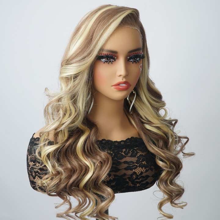 Glueless  Brown and Blonde Highlighted Loose Wave Lace Front Wig - Clear Transparent Lace Front/Closure Human Hair Wig- Amanda Hair
