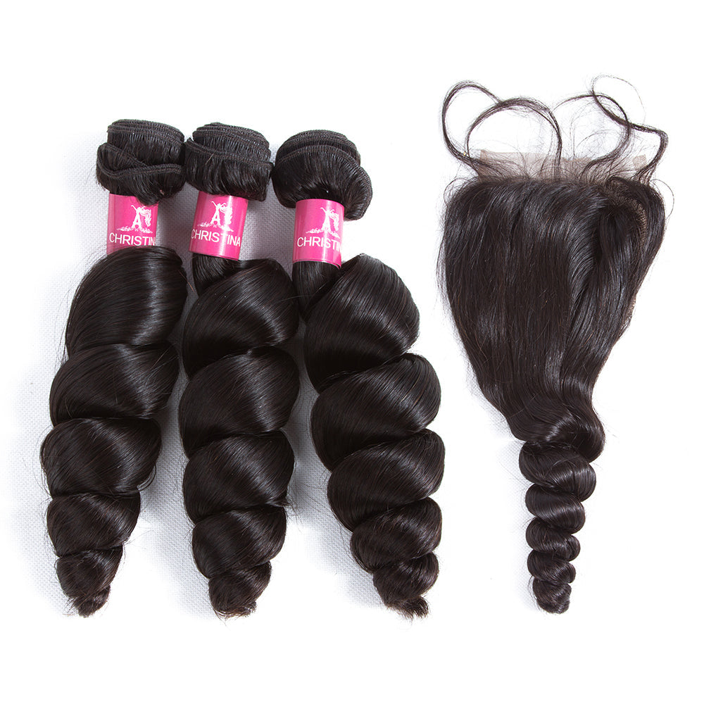 Amanda Peruvian Hair Loose Wave 3 Bundles With 4*4 Lace Closure 10A Grade 100% Remi Human Hair Hot Sell Wave Bundles Hair Extensions