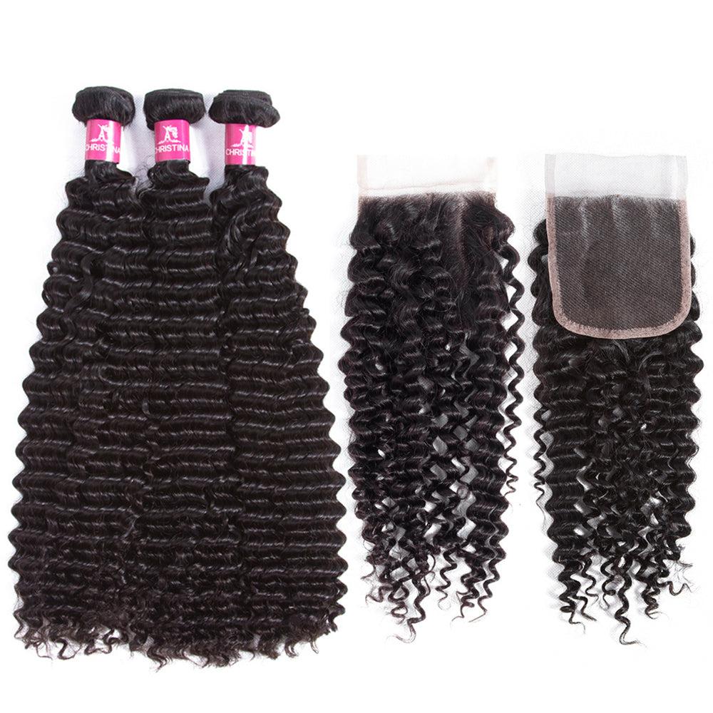 Brazilian Kinky Curly 4 Bundles With 4*4 Lace Closure 10A Grade 100% Remi Human Hair Soft Shiny Wave Hair - Amanda Hair