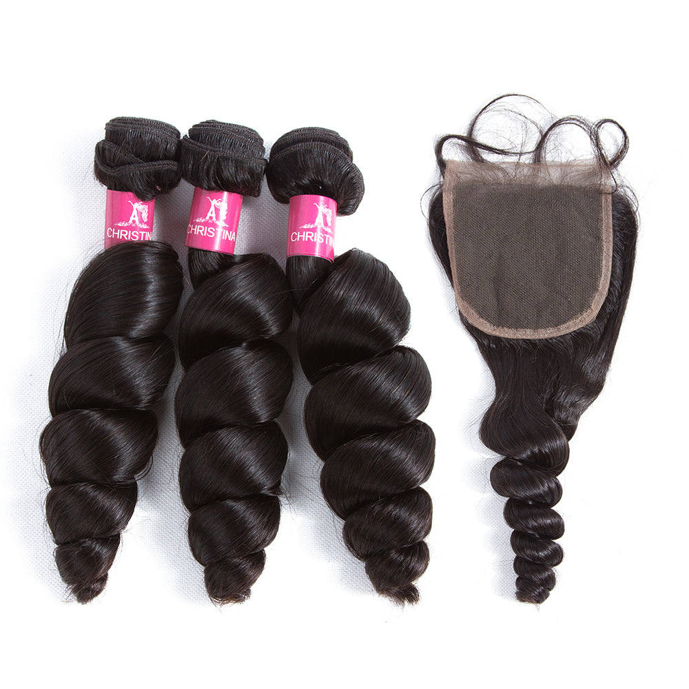 Amanda Peruvian Hair Loose Wave 3 Bundles With 4*4 Lace Closure 10A Grade 100% Remi Human Hair Hot Sell Wave Bundles Hair Extensions
