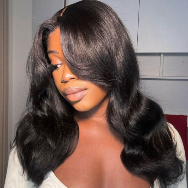 Glueless Body Wave Clear Transparent Lace Front Wigs with Curtain Bangs For Women-Amanda Hair