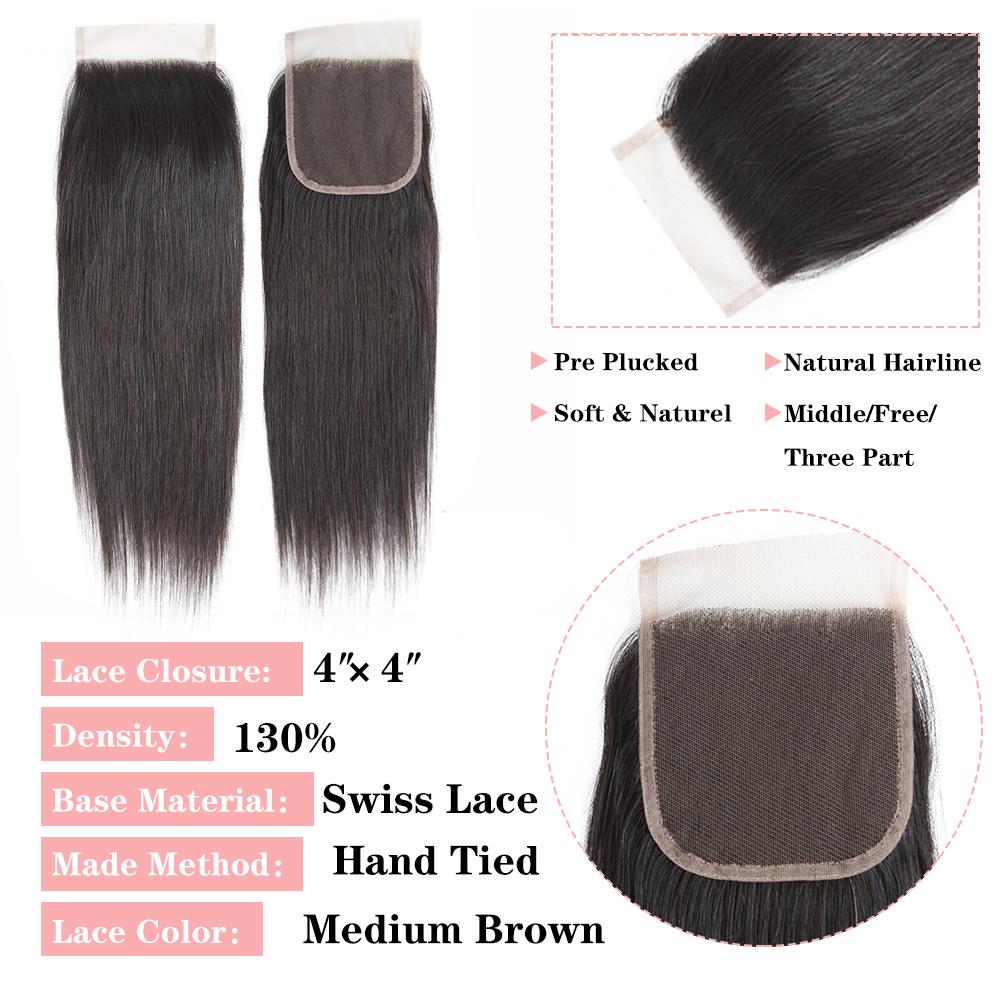 Brazilian Straight Hair 4 Bundles With 4*4 Lace Closure 10A Grade 100% Remy Human Hair - Amanda Hair