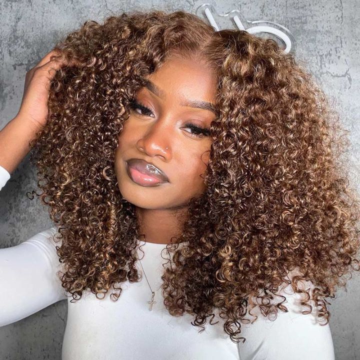 Amanda Glueless Thick Fluffy Afro Curly Human Hair Bob Wigs 7x5 / 13x4 Invisible Lace Wig For Women No Code Needed