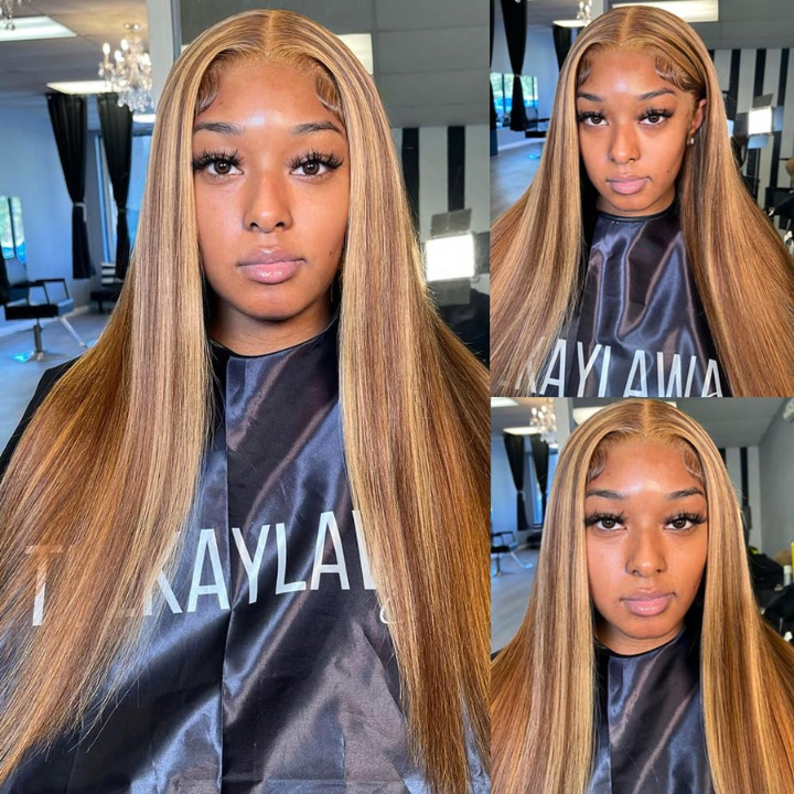 P4/27 Color Honey Blonde Wig Straight Highlighted Human Hair Glueless Lace Closure Wigs-Amanda Hair