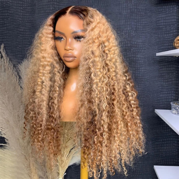 $100 Off Full $100| Highlight Color Honey Blonde Curly HD Transparent Lace Front/Closure Wig With Brown Roots Flash Sale