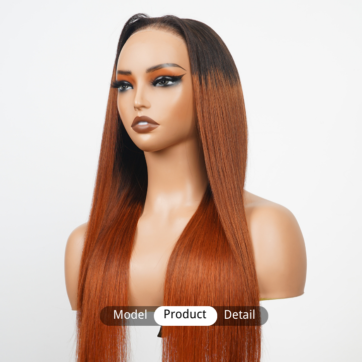 Dark Root Ombre Ginger Human Hair Transparent Glueless Lace Front Straight Colored Wigs-Amanda Hair
