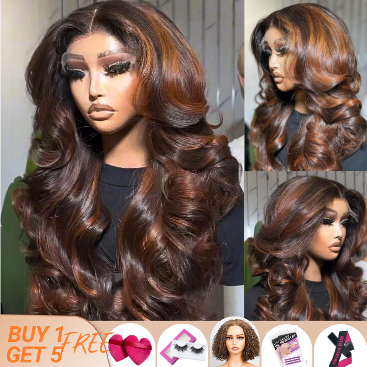 Flash Sale: $0 get The Bob Wig Highlight Brown 13x4 Lace Loose Wave Wigs with Curtain Bangs Human Hair Undetectable Clear Transparent Lace Wigs
