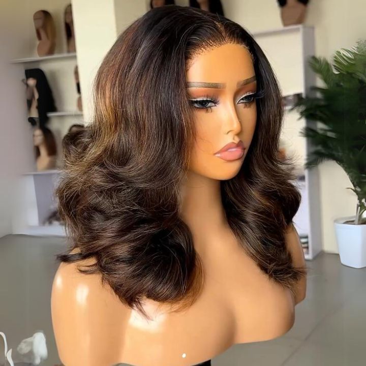 Highlight Body Wave Ombre Light Brown Mix Nature Black  13x4 Lace Frontal /4x4 Lace Closure Colored Bob Wigs Human Hair With Baby Hair - Amanda Hair