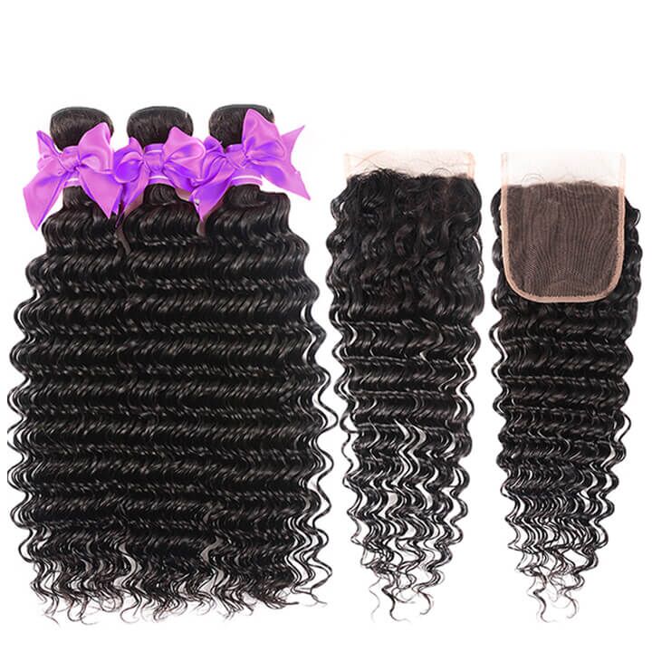 Brazilian Kinky Curly 3 Bundles With 4*4 Lace Closure 10A Grade 100% Remi Human Hair Soft Shiny Wave Hair - Amanda Hair