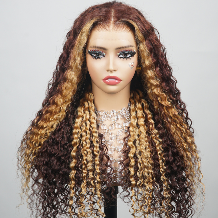 Glueless Lace Deep Curly  Human Hair Wigs Stylish Ombre Dark Brown Roots to Blonde Tips Colored Wigs