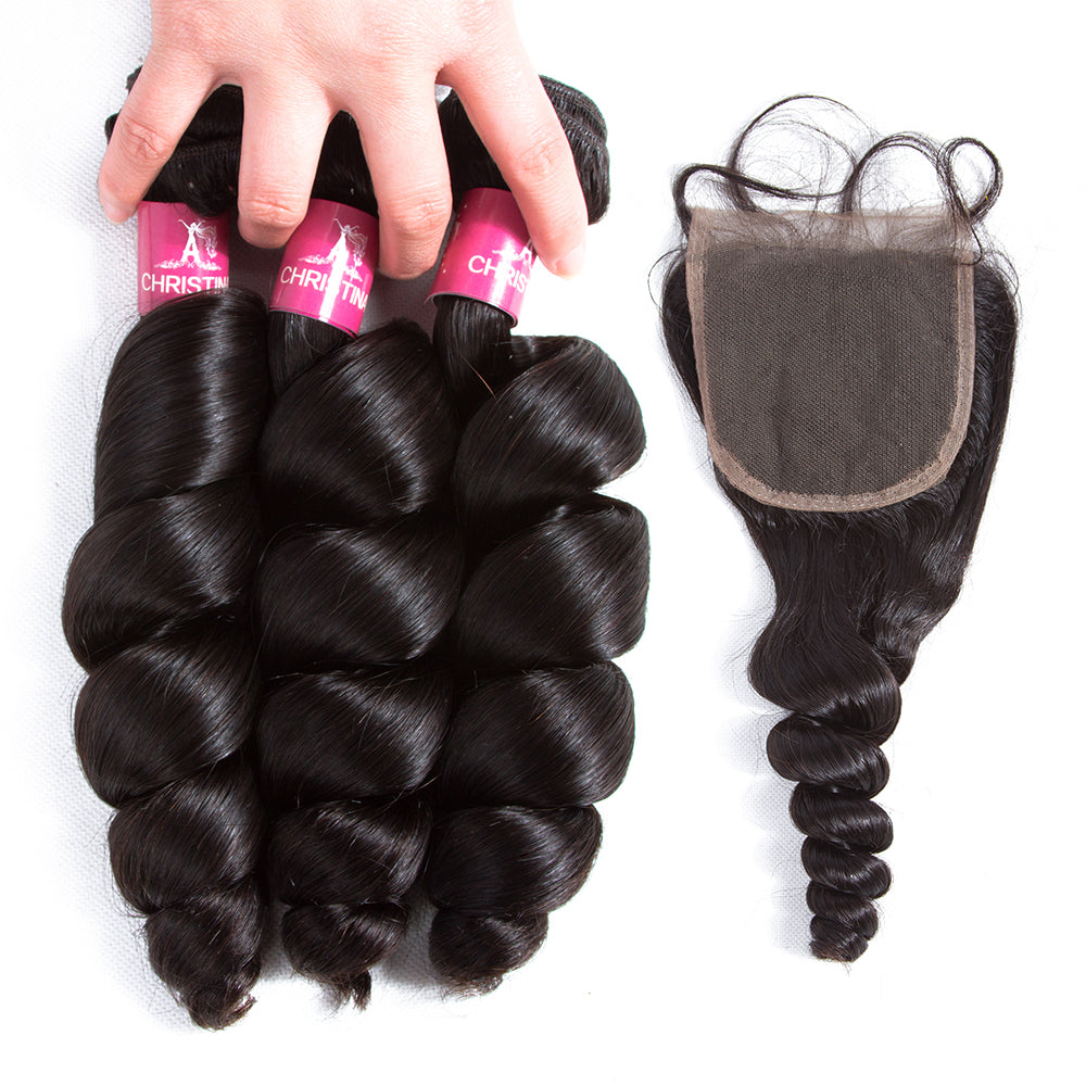 Amanda Peruvian Hair Loose Wave 4 Bundles With 4*4 Lace Closure 10A Grade 100% Remi Human Hair