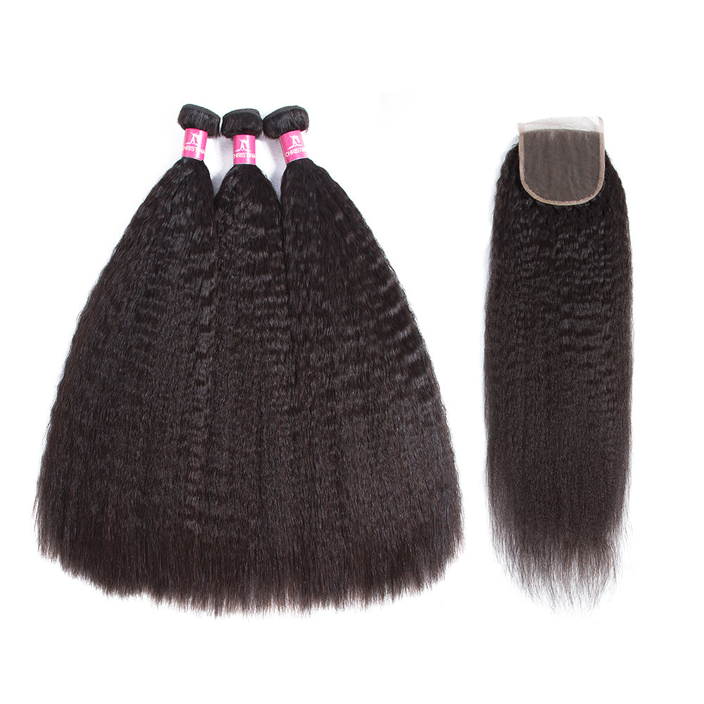Amanda Peruvian Human Hair Kinky Straight 3 Bundles With 4*4 Lace Closure 10A Grade 100% Remy Human Hair