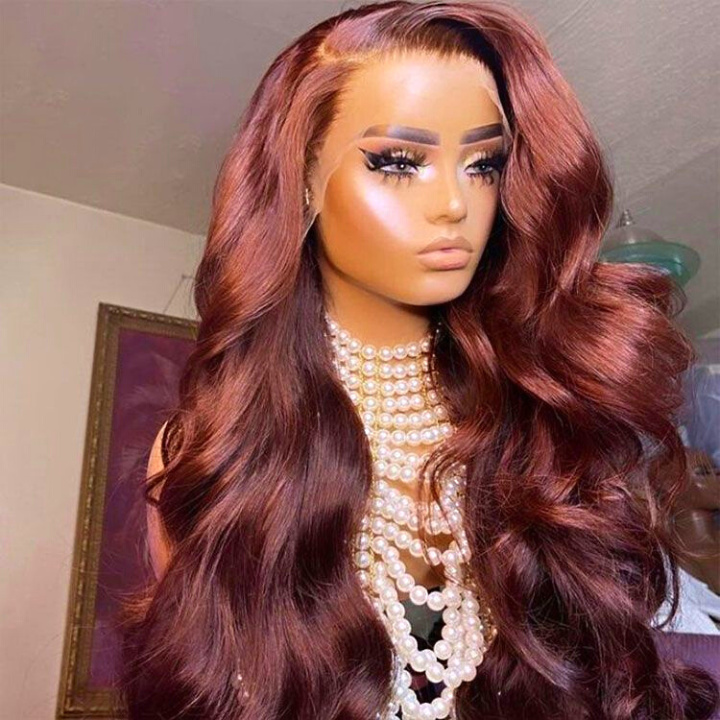 Reddish Brown Body Wave Transparent Lace Front Wigs Deep Hairline 100% Human Hair #35 Auburn Color Fall Wigs