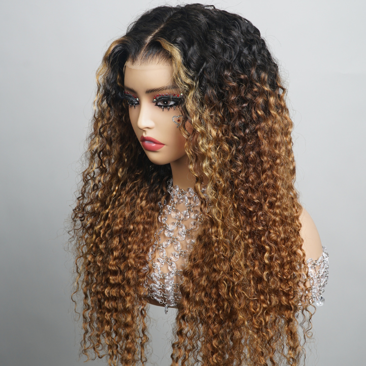Highlight Blonde Glueless Lace Curly Human Hair Wigs Stylish Ombre Dark Roots to Blonde Tips Colored Wigs