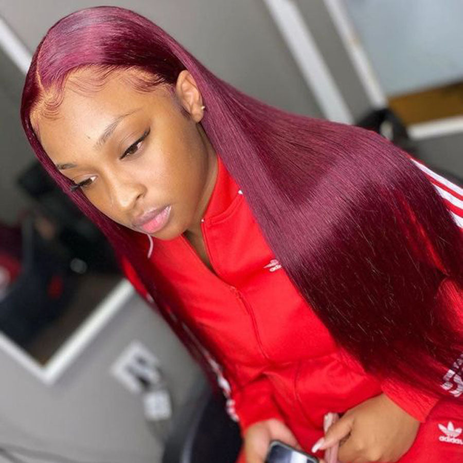 99J Straight Lace Closure Human Hair Wigs Burgundy Red Colored HD Transparent 4x4 Lace Front Wig With Baby Hair-Amanda Hair