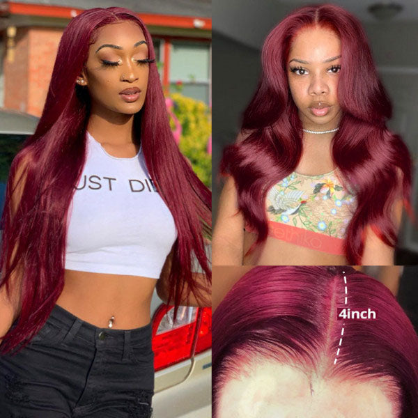 99J Straight Lace Closure Human Hair Wigs Burgundy Red Colored HD Transparent 4x4 Lace Front Wig With Baby Hair-Amanda Hair