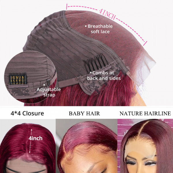 99J Straight Lace Closure Human Hair Wigs Burgundy Red Colored HD Transparent 4x4 Lace Front Wig With Baby Hair-Amanda Hair