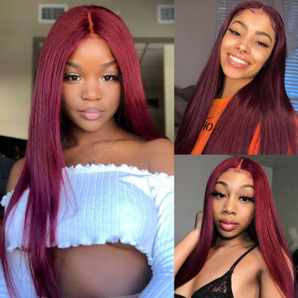 99J Straight Lace Closure Human Hair Wigs Burgundy Red Colored HD Transparent 4x4 Lace Front Wig With Baby Hair-Amanda Hair