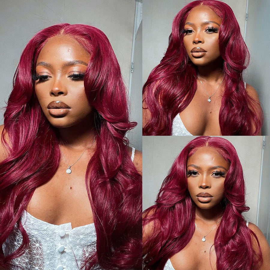 99J Straight Lace Closure Human Hair Wigs Burgundy Red Colored HD Transparent 4x4 Lace Front Wig With Baby Hair-Amanda Hair