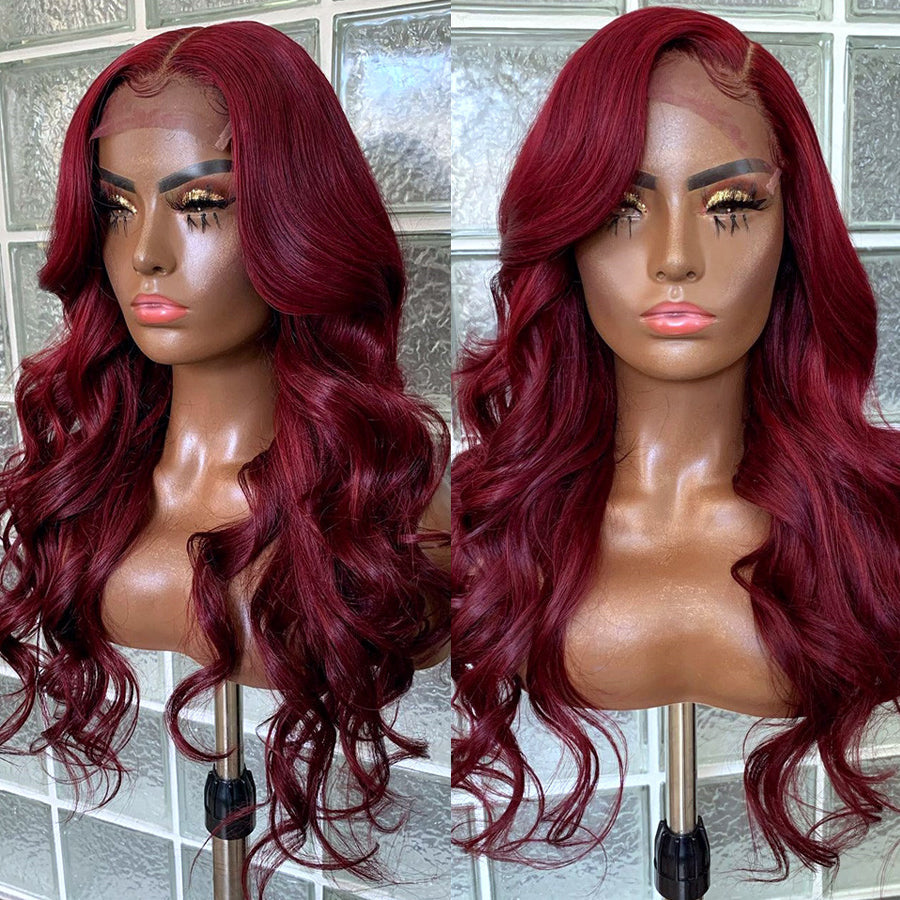 99J Straight Lace Closure Human Hair Wigs Burgundy Red Colored HD Transparent 4x4 Lace Front Wig With Baby Hair-Amanda Hair