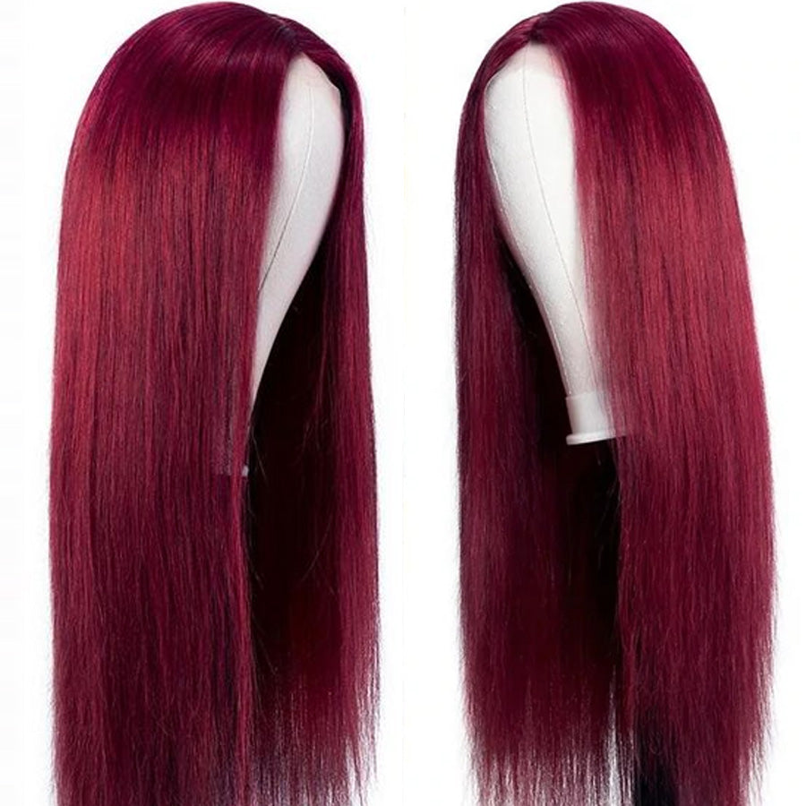 99J Straight Lace Closure Human Hair Wigs Burgundy Red Colored HD Transparent 4x4 Lace Front Wig With Baby Hair-Amanda Hair