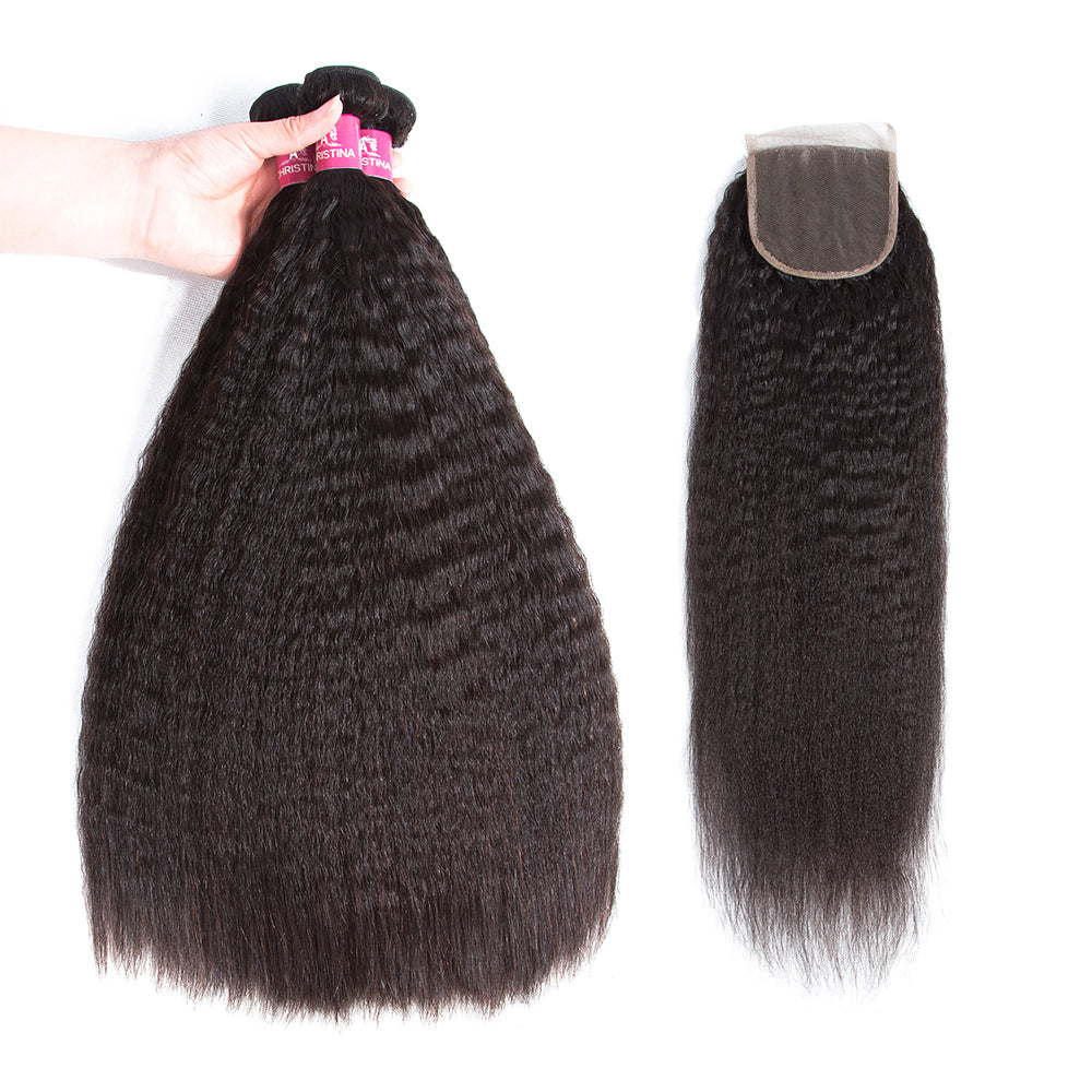 Amanda Indian Human Hair Kinky Straight 4 Bundles With 4*4 Lace Closure 10A Grade 100% Remi Human Hair