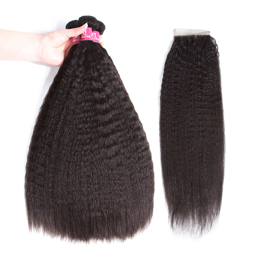 Amanda Indian Human Hair Kinky Straight 4 Bundles With 4*4 Lace Closure 10A Grade 100% Remi Human Hair