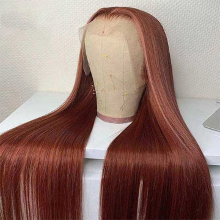 Flash Sale Extra 50% Off Code: VIP50,Reddish Brown Transparent Lace Front Straight Wigs Deep Hairline 100% Human Hair Auburn Color Fall Wigs