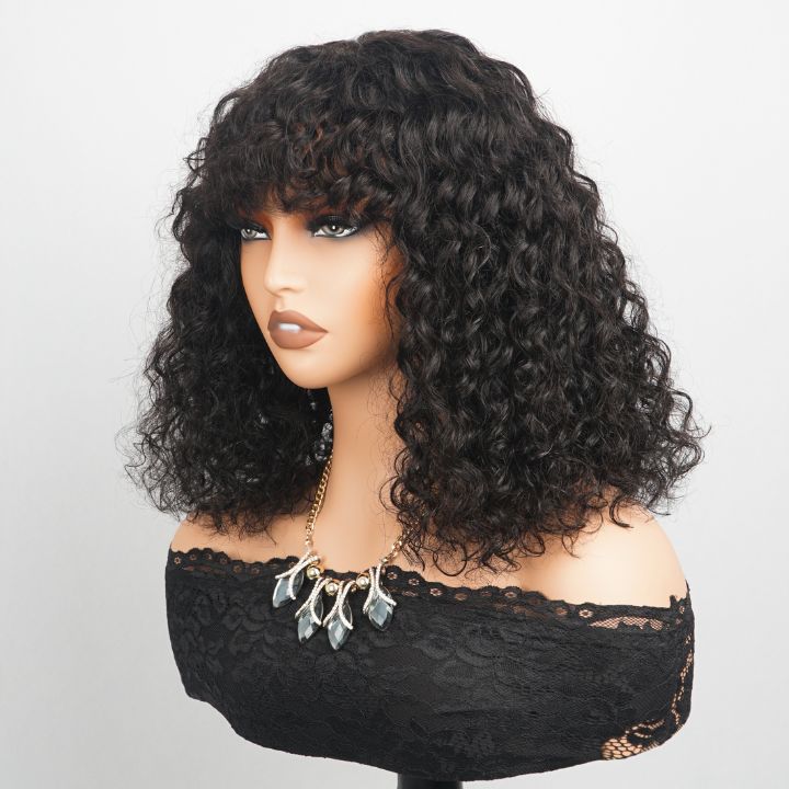 Glueless Water Wave Clear Transparent Lace Front Short Curly Wigs with Bangs For Women-Amanda Hair
