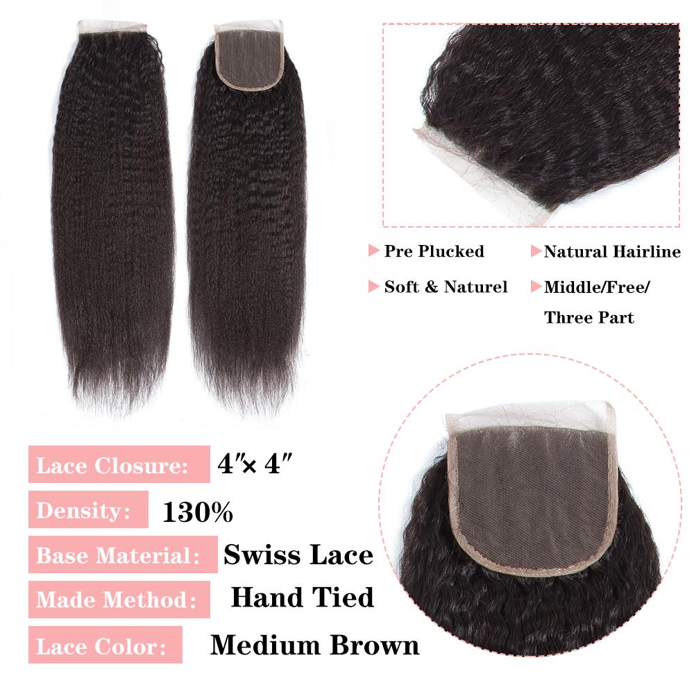 Brazilian Kinky Straight 3 Bundles With 4*4 Lace Closure 9A Unprocessed Human Hair-Amanda Hair