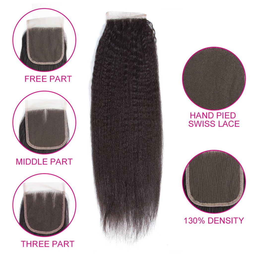 Brazilian Kinky Straight 3 Bundles With 4*4 Lace Closure 10A Grade 100% Remi Human Hair - Amanda Hair