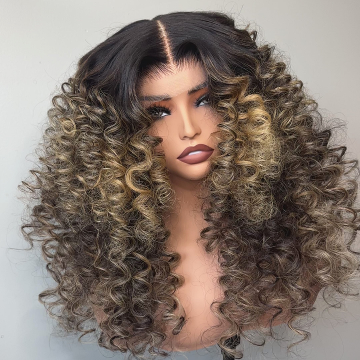 Medium Blonde Highlights  Lace Front Wig Human Hair Barrel Curl Wigs Clear Transparent Front Wigs Human Hair Pre Plucked with Baby Hair Colored Wigs for Women Human Hair Wigs Amanda Hair