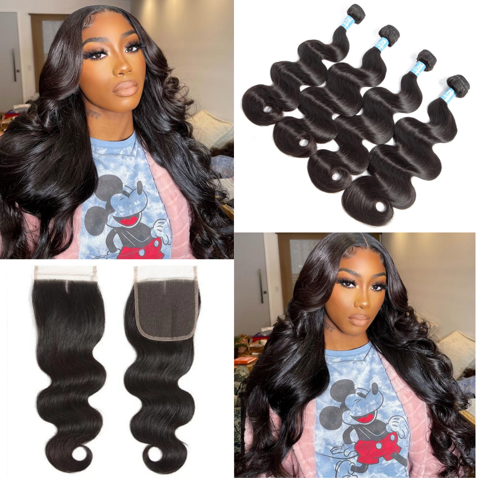 Amanda Hair Malaysian Body Wave 4 Bundles With 4*4 Lace Closure 9A Grade 100% Unprocessed Human Hair