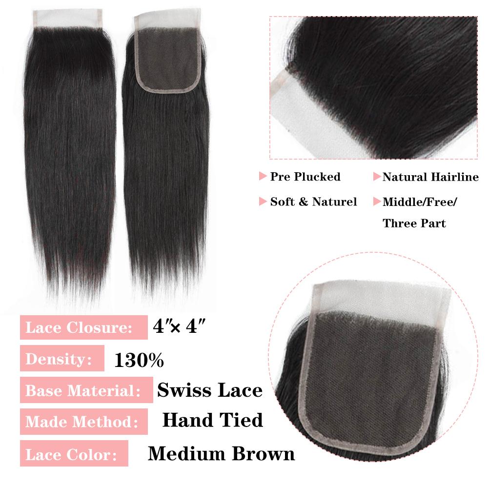 Brazilian Straight Hair 3 Bundles With 4*4 Lace Closure 10A Grade 100% Remy Human Hair - Amanda Hair