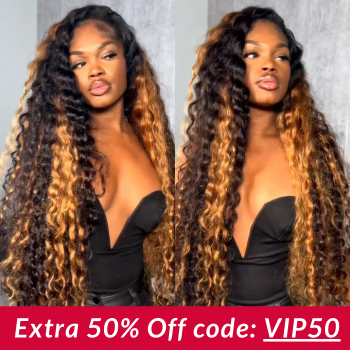 Extra 50% Off | Highlight Golden Glueless Lace Front Wig Human Hair Loose Deep Wave Wig