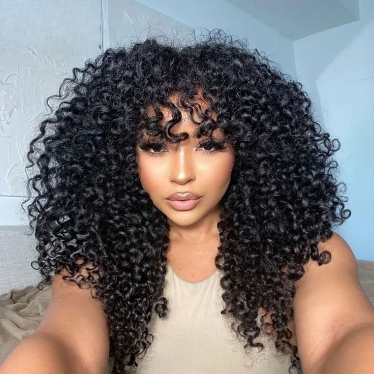 Glueless Deep Curly Clear Transparent Lace Closure Wigs with Bangs For Women-Amanda Hair