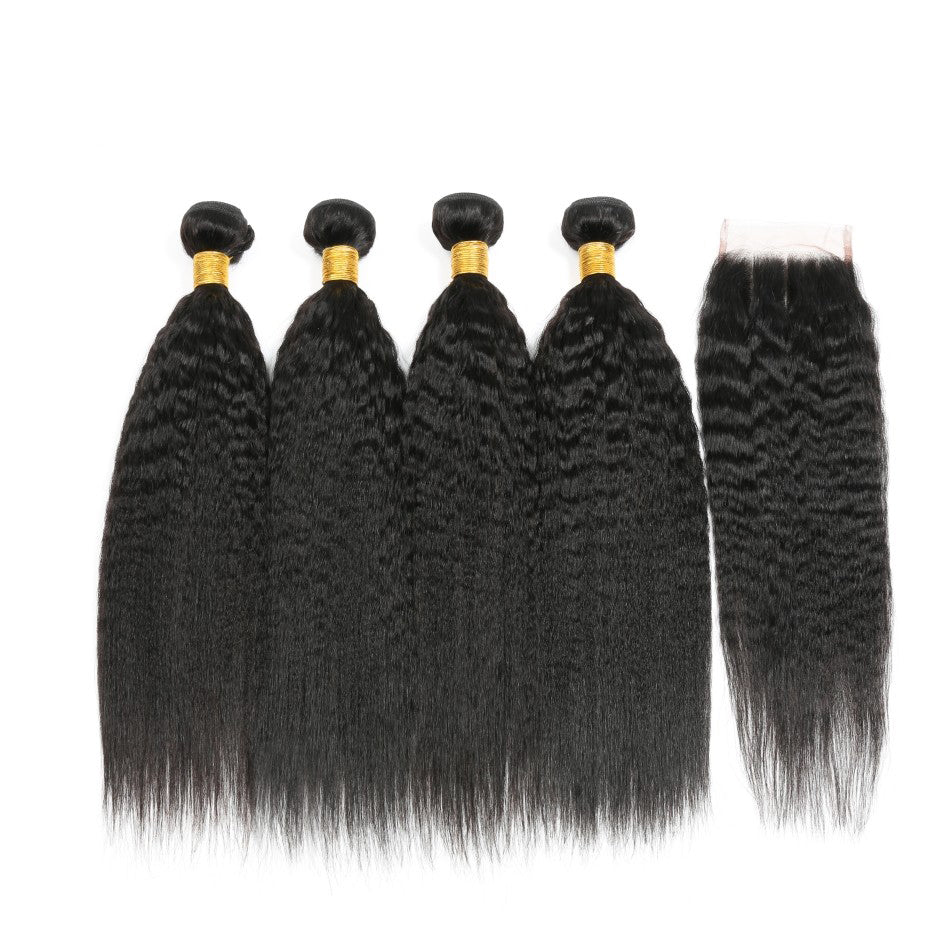 Brazilian Human Hair Kinky Straight 4 Bundles With 4*4 Lace Closure 10A Grade 100% Remi Human Hair - Amanda Hair