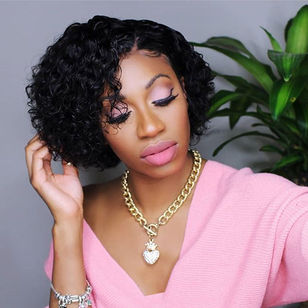 Kinky Curly Human Hair Pixie Cut Wig 4*4 Lace Closure/ T Type Lace Front Wigs Short Curly Bob-Amanda Hair