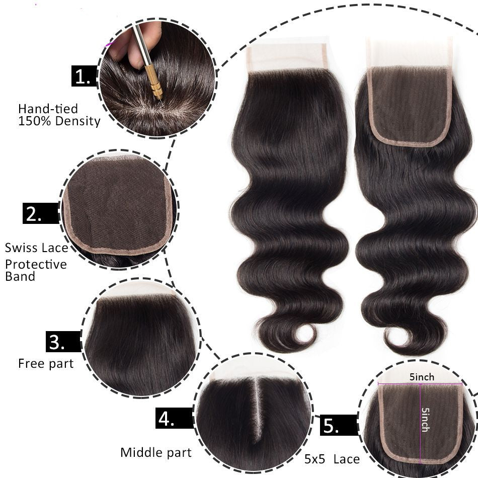 5*5 Transparent Body Wave Human Hair Swiss Lace Closure Pre Plucked Natural Hairline with Baby Hair- Amanda Hair
