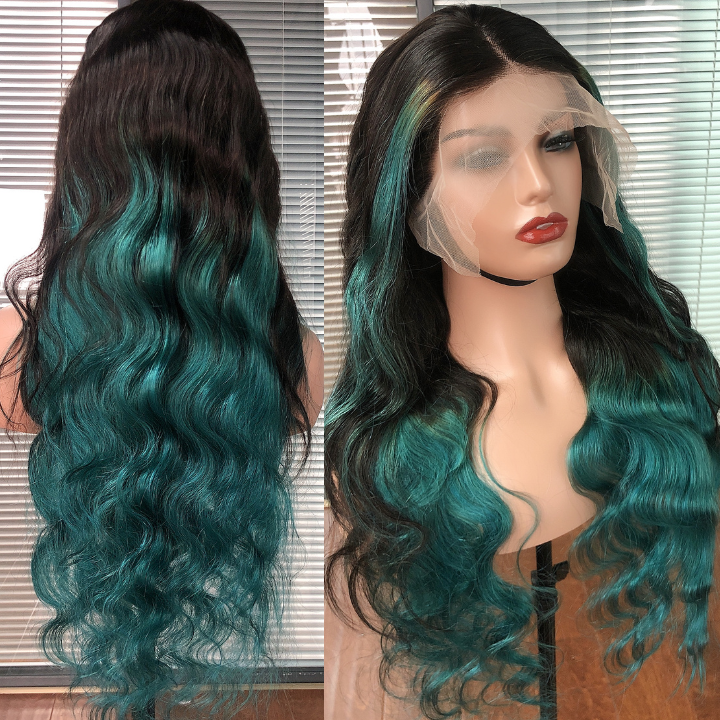 Highlight Turquoise Green Body Wave 13x4 Lace Front /4*4 Lace Closure Wigs Skunk Stripe Ombre Color Lace Wigs- Amanda Hair
