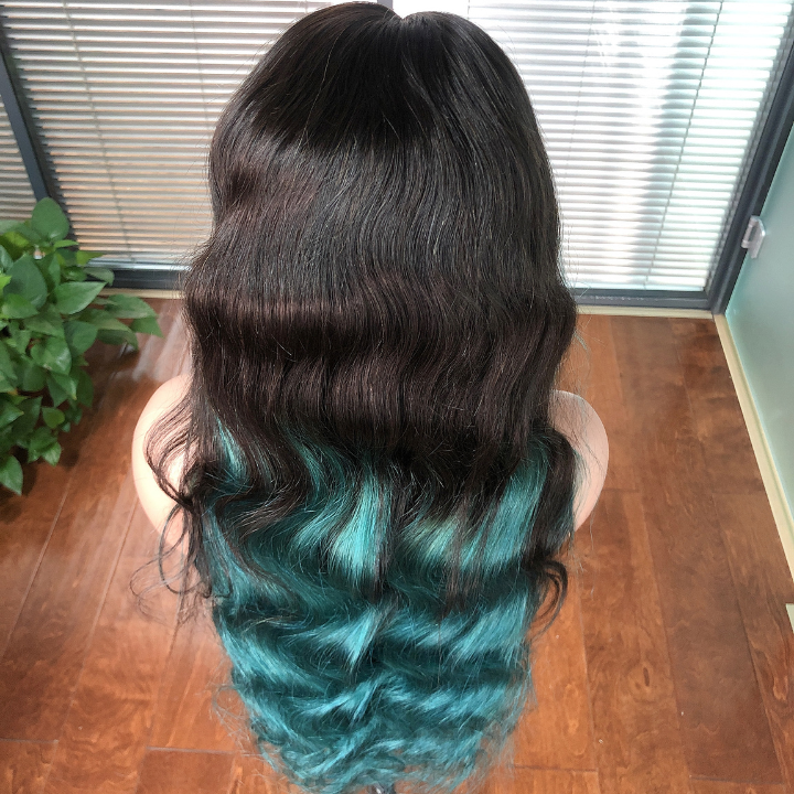 Highlight Turquoise Green Body Wave 13x4 Lace Front /4*4 Lace Closure Wigs Skunk Stripe Ombre Color Lace Wigs- Amanda Hair