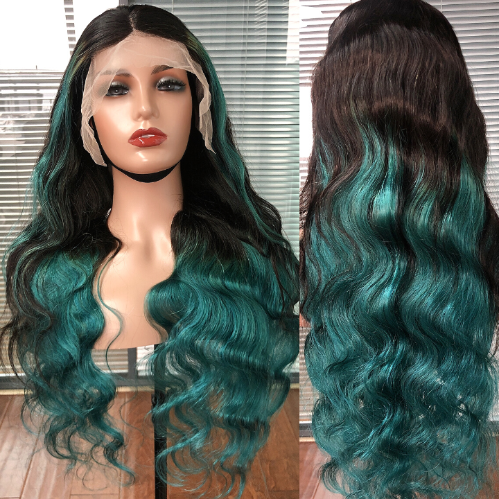 Highlight Turquoise Green Body Wave 13x4 Lace Front /4*4 Lace Closure Wigs Skunk Stripe Ombre Color Lace Wigs- Amanda Hair