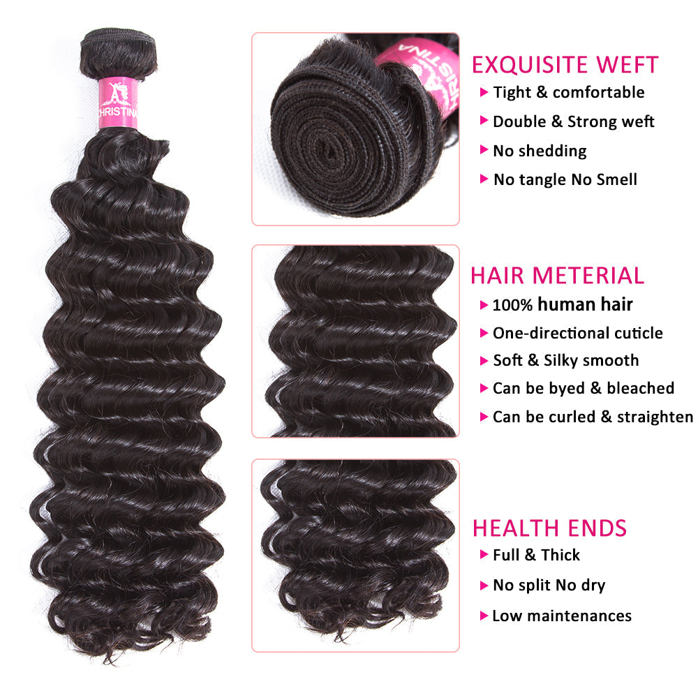 Amanda Peruvian Hair Deep Wave 3 Bundles With 4*4 Lace Closure 10A Grade 100% Remi Human Hair Hot Sell Wave Bundles Hair Extensions